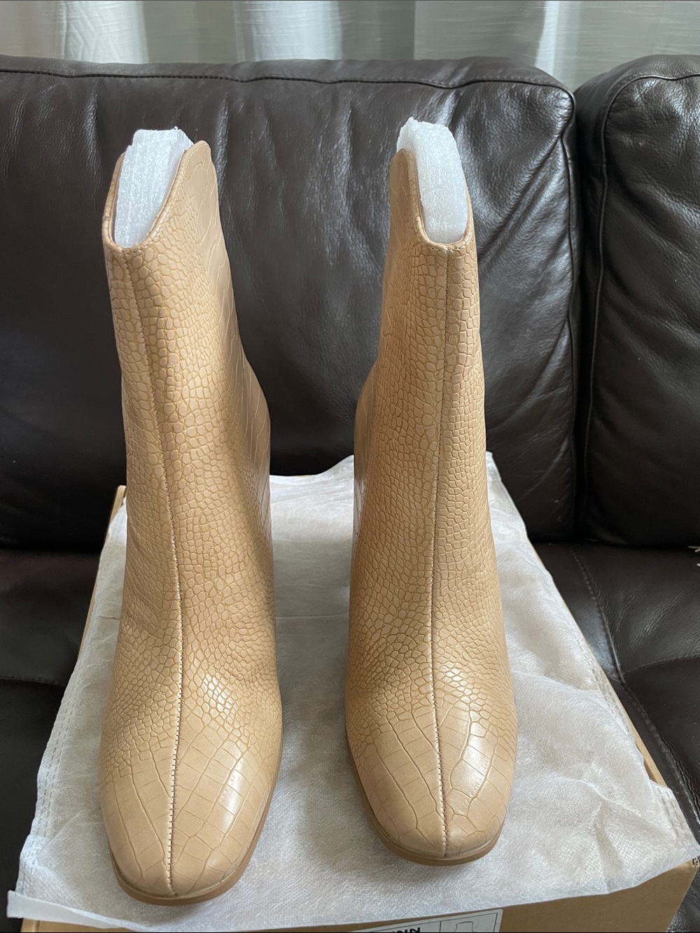 Journee Collection Tan Croc-Embossed Slip-On Ankle Booties